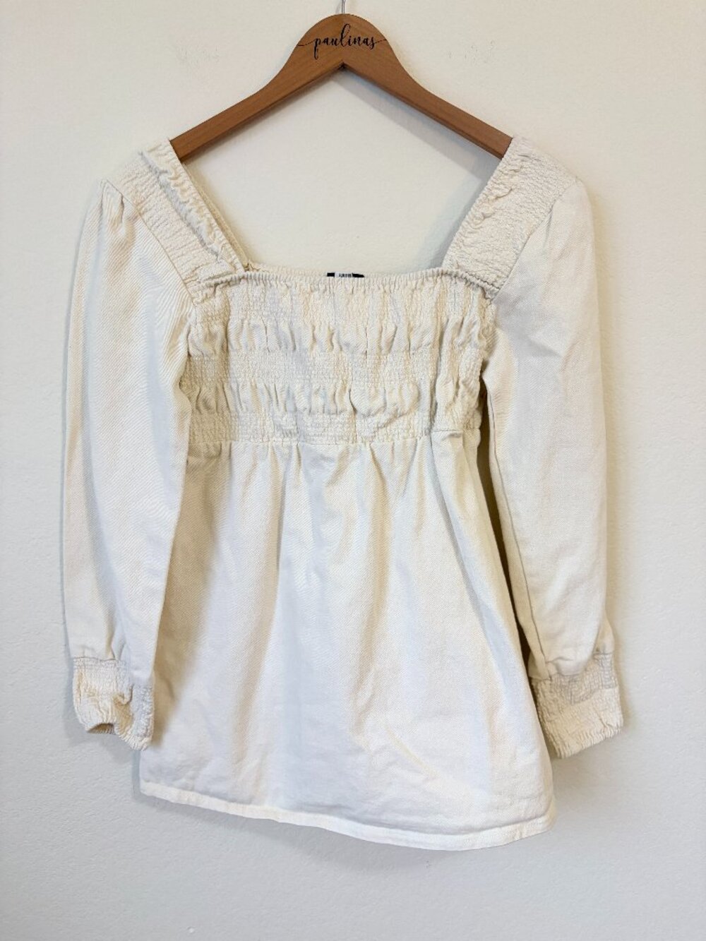 Area Stars Top Womens XS Cream White Smocked Cotton Canvas Babydoll Blouse